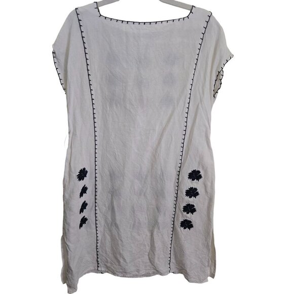 Tory Burch Floral Embroidered White Navy Linen Blend Designer Midi Dress Size M - Picture 2 of 11